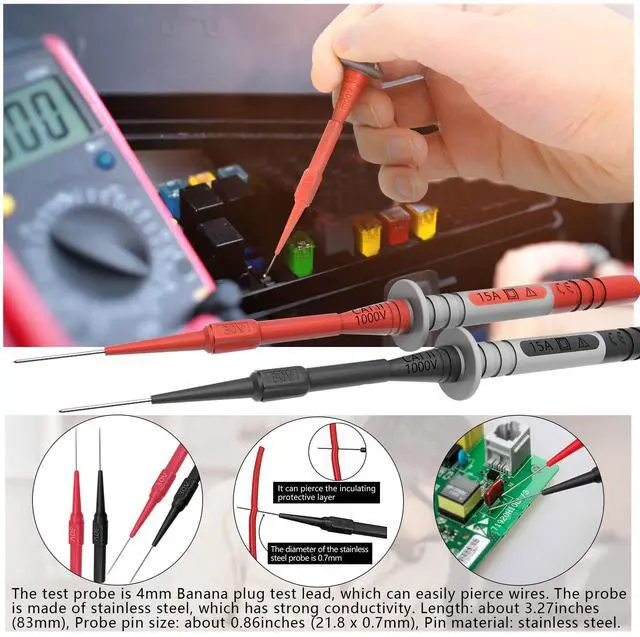 Alt view image 4 of 6 - KEHIPI Test Leads Set Double Insulated Electrical Multimeter Test Lead Kit, Test Leads Probes 4mm Banana Plug with Alligator Clips 30A and Needle Probe 0.7mm