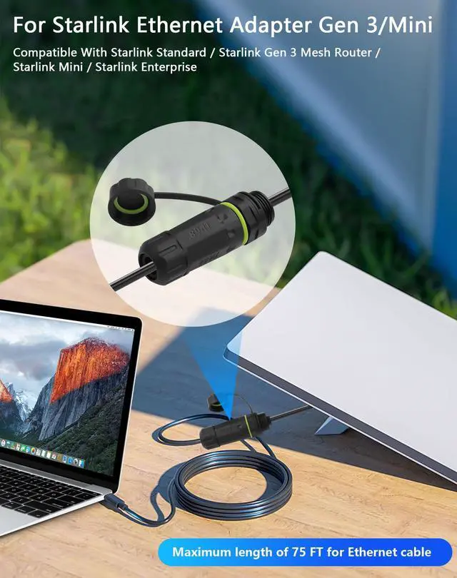 Alt view image 5 of 7 - CERRXIAN for Starlink Ethernet Adapter Gen 3/Mini, Starlink Mini Ethernet Extension to RJ45 Coupler, Waterproof IP68, CAT 6A, Compatible with Starlink Gen 3 Dish and Router - 1.64FT / 0.5M