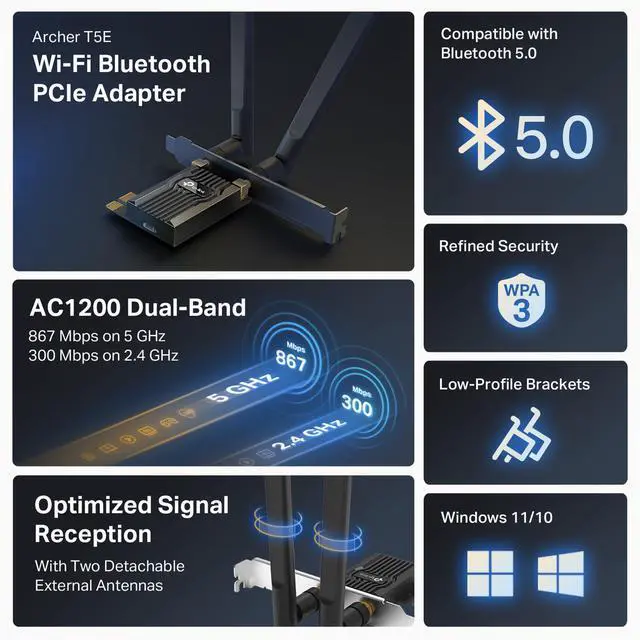 Alt view image 2 of 7 - TP-Link AC1200 PCIe WiFi Card for Desktop PC (Archer T5E) - Bluetooth 5.0, Dual Band Wireless Network Card (2.4Ghz and 5Ghz) for Gaming and Streaming, 2 High Gain Antennas, Supports Windows 10/11