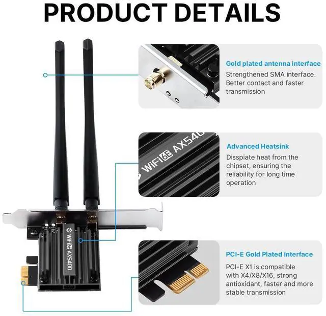 Alt view image 6 of 7 - WiFi 6E PCIe Card AX5400Mbps Tri-Band Wireless Adapter (2.4G/5G/6GHz) BT 5.3 WPA3 802.11AX WiFi Adapter with MU-MIMO for Desktop PC - Windows 10/11 Compatible