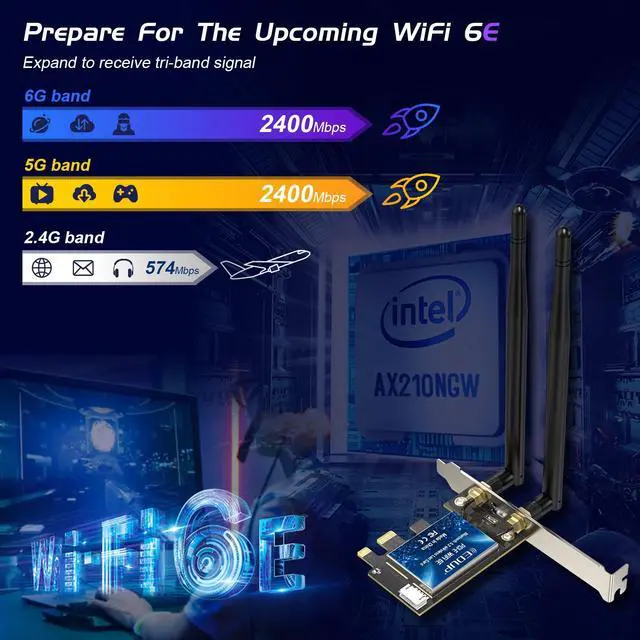 Alt view image 6 of 7 - PCIe WiFi 6E Card Bluetooth 5.2 AX 5400 Mbps AX210 Tri-Band 6Ghz/5.8GHz/2.4GHz PCI-E Wireless WiFi Network Adapter Card for Desktop PC Windows10/11 64-bit