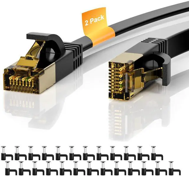 Main image of Cat 7 Ethernet Cable 2-Pack 12 FT, Cat7 Flat High Speed 10Gbps 600MHz Shielded Internet Network Patch Black Cord, Ultra Slim RJ45 LAN Cable, for PS5, Modem, Router, LAN, Computer with 25 Cable Clips