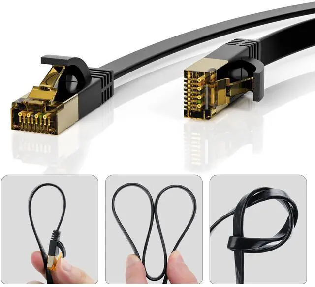 Alt view image 2 of 7 - Cat 7 Ethernet Cable 2-Pack 12 FT, Cat7 Flat High Speed 10Gbps 600MHz Shielded Internet Network Patch Black Cord, Ultra Slim RJ45 LAN Cable, for PS5, Modem, Router, LAN, Computer with 25 Cable Clips