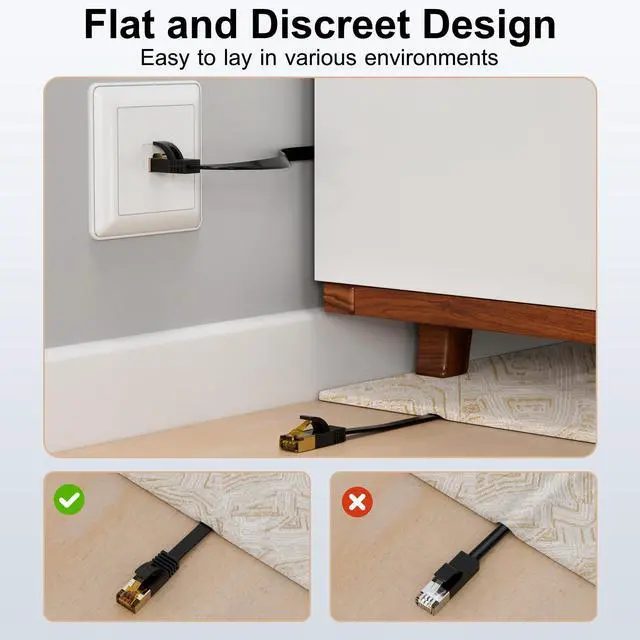 Alt view image 5 of 7 - Cat 7 Ethernet Cable 2-Pack 12 FT, Cat7 Flat High Speed 10Gbps 600MHz Shielded Internet Network Patch Black Cord, Ultra Slim RJ45 LAN Cable, for PS5, Modem, Router, LAN, Computer with 25 Cable Clips