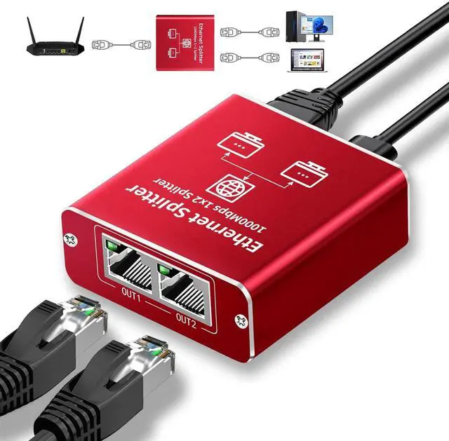 Main image of Ethernet Splitter 1 to 2 High Speed 1000Mbps, Gigabit Ethernet Splitter, LAN Splitter Dual LAN RJ45 Port Router Switch for Cat5/5e/6/7/8 Cable, IEEE 802.3 Compliant Plug and Play