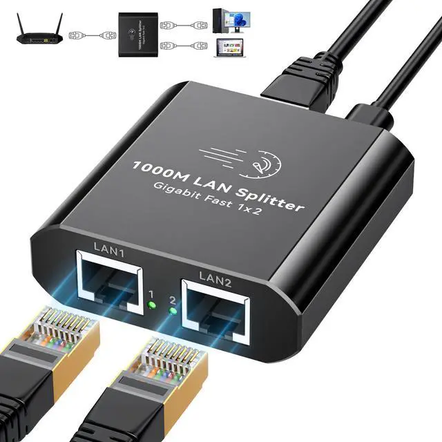 Main image of AILVLVNG Ethernet Splitter 1 to 2 1000Mbps Internet Cable Splitter 1 in 2 Out High Speed Either Network Splitter Gigabit Dual LAN RJ45 Port Router Switch Work with Cat6/7/8 Cable