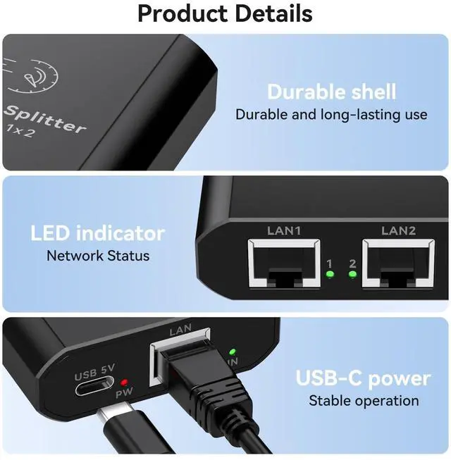 Alt view image 6 of 7 - AILVLVNG Ethernet Splitter 1 to 2 1000Mbps Internet Cable Splitter 1 in 2 Out High Speed Either Network Splitter Gigabit Dual LAN RJ45 Port Router Switch Work with Cat6/7/8 Cable