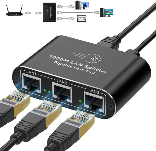 Main image of AILVLVNG Ethernet Splitter 1 to 3 1000Mbps Internet Cable Splitter 1 in 3 Out High Speed Either Network Splitter Gigabit Dual LAN RJ45 Port Router Switch Work with Cat6/7/8 Cable