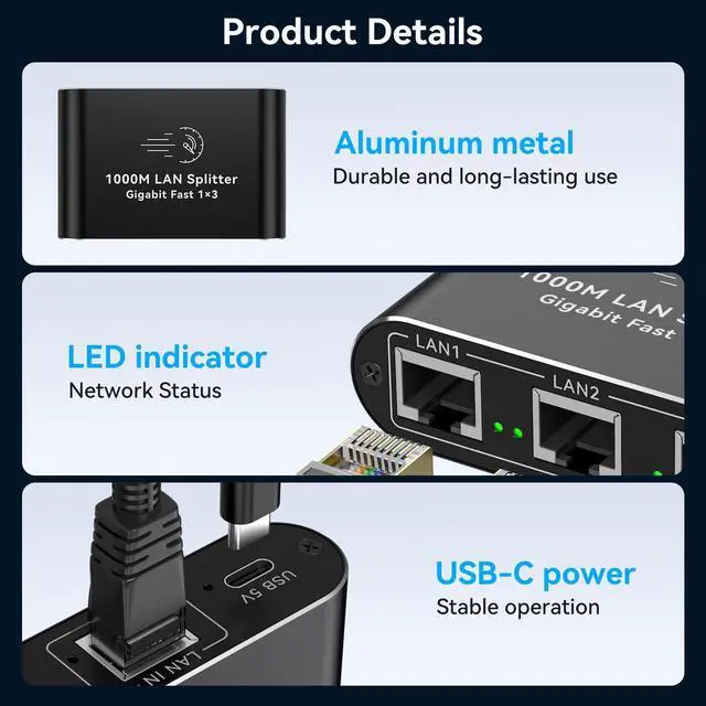 Alt view image 6 of 7 - AILVLVNG Ethernet Splitter 1 to 3 1000Mbps Internet Cable Splitter 1 in 3 Out High Speed Either Network Splitter Gigabit Dual LAN RJ45 Port Router Switch Work with Cat6/7/8 Cable