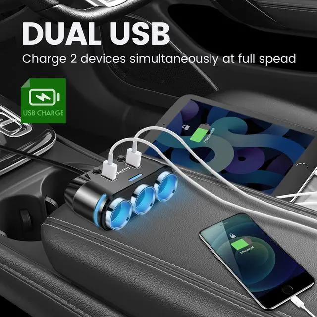 Alt view image 2 of 7 - YANTU Cigarette Lighter Adapter & Splitter with 150W 3-Sockets & LED Ambient Lighting, Dual USB Fast Charging Car Outlet 12V, Car Cigarette Lighter Socket Plug Extension for Vehicles