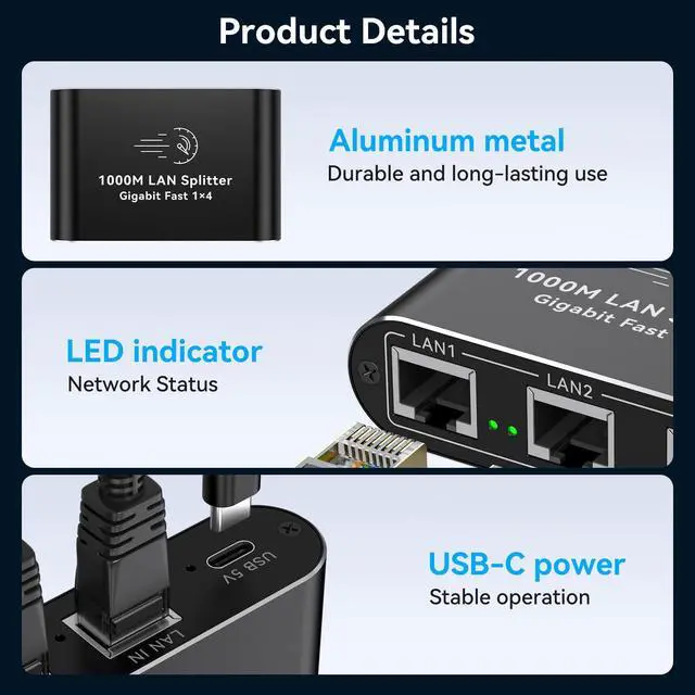 Alt view image 6 of 7 - Ethernet Splitter 1 to 4 1000Mbps Internet Cable Splitter 1 in 4 Out High Speed Either Network Splitter Gigabit Dual LAN RJ45 Port Router Switch Work with Cat6/7/8 Cable