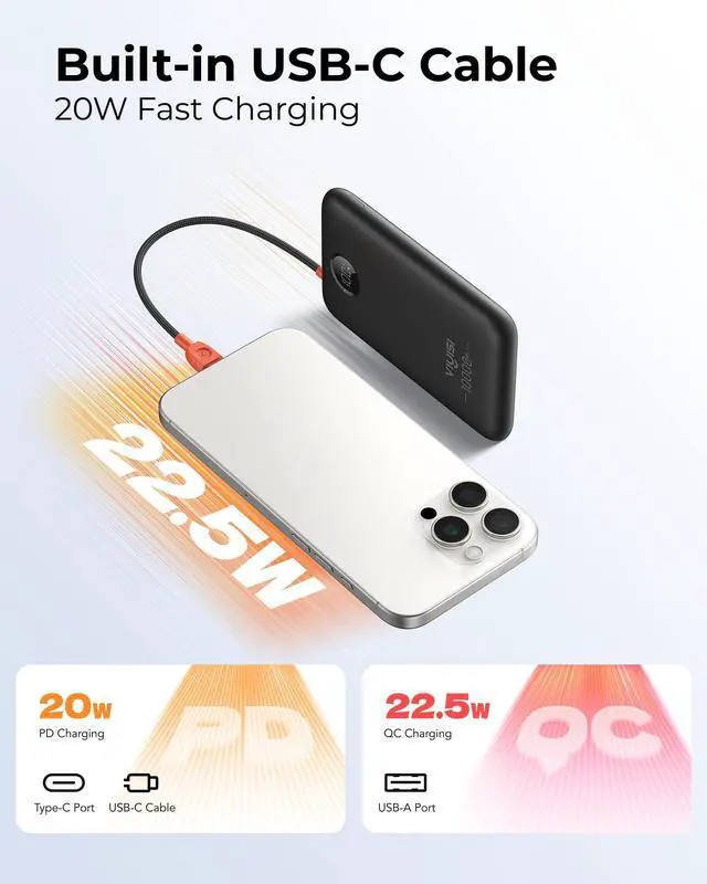 Alt view image 3 of 7 - 0.58" Slim Portable Charger Power Bank 10000mAh PD 20W Fast Charging Compact Battery Pack with Built-in USB C Cable Travel Essential for iPhone 17 16 15 Samsung A16 S24 Android-Black