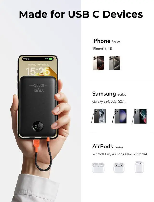 Alt view image 3 of 7 - Ultra Slim Portable Charger 10000 mah, 20W PD Small Power Bank Compact with Built-in USB C Cable Flight-Safe Travel Essential Battery Pack for iPhone 17/16/15 Samsung A16 S24 Android - Black