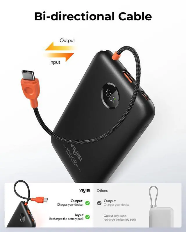 Alt view image 4 of 7 - 0.58" Slim Portable Charger Power Bank 10000mAh PD 20W Fast Charging Compact Battery Pack with Built-in USB C Cable Travel Essential for iPhone 17 16 15 Samsung A16 S24 Android-Black