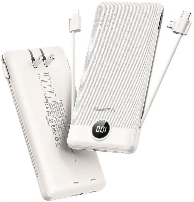 Main image of VEGER Portable Charger with Built-in AC Plug and Cables, All in One 10000mAh Ultra-Slim Power Bank, 15W Fast Charging for iPhone, Samsung, Android, Travel Essential (Coffee)