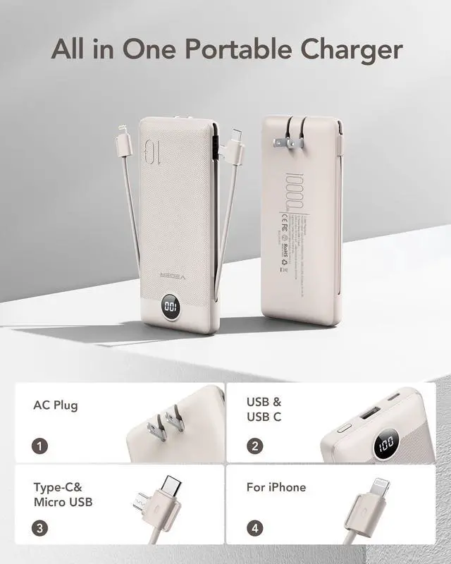 Alt view image 2 of 7 - VEGER Portable Charger with Built-in AC Plug and Cables, All in One 10000mAh Ultra-Slim Power Bank, 15W Fast Charging for iPhone, Samsung, Android, Travel Essential (Coffee)