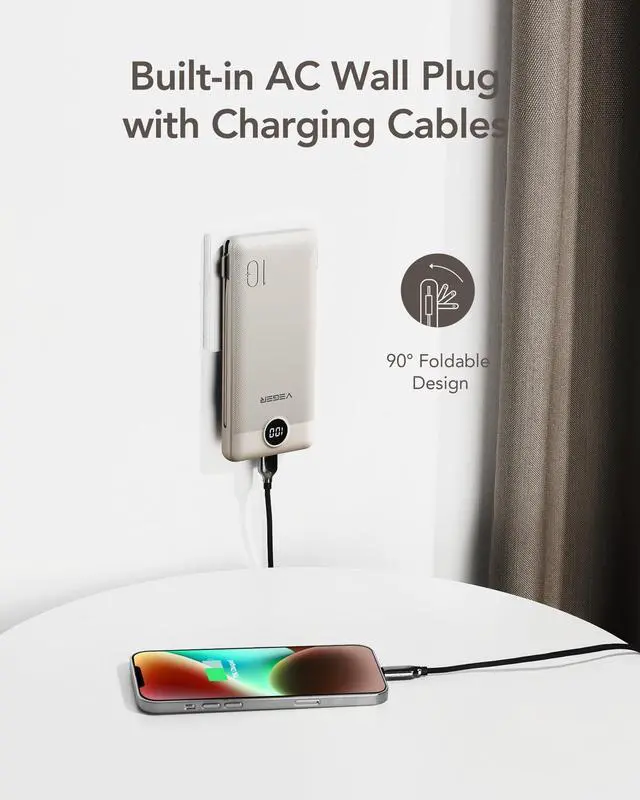 Alt view image 3 of 7 - VEGER Portable Charger with Built-in AC Plug and Cables, All in One 10000mAh Ultra-Slim Power Bank, 15W Fast Charging for iPhone, Samsung, Android, Travel Essential (Coffee)