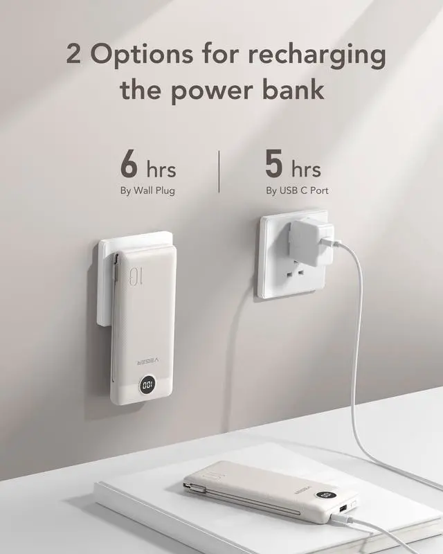 Alt view image 5 of 7 - VEGER Portable Charger with Built-in AC Plug and Cables, All in One 10000mAh Ultra-Slim Power Bank, 15W Fast Charging for iPhone, Samsung, Android, Travel Essential (Coffee)