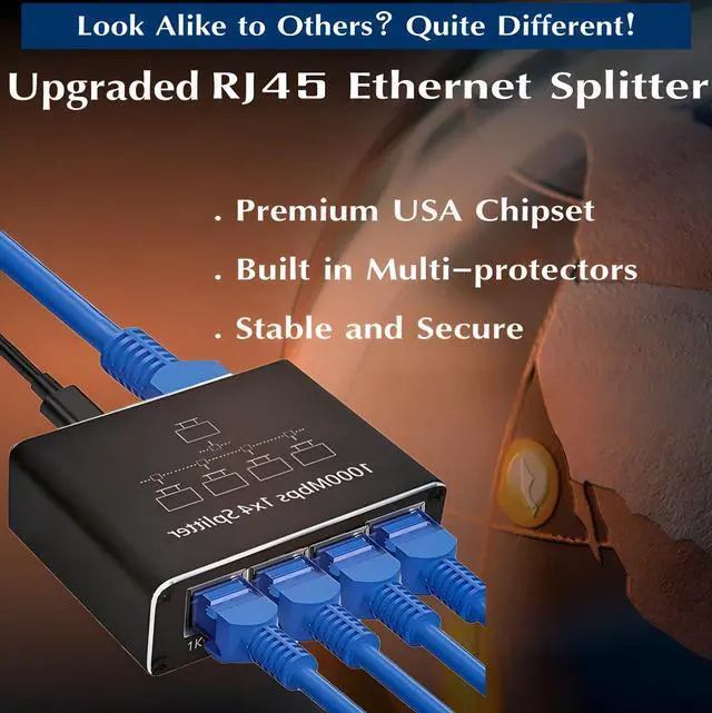 Alt view image 2 of 7 - Gigabit Ethernet Splitter 1 to 4, Upgraded RJ45 Network Splitter 4 Way 1000Mbps, Premium Cat5/6/7/8 Cable LAN Splitter for 4 Network Devices Work Simultaneously