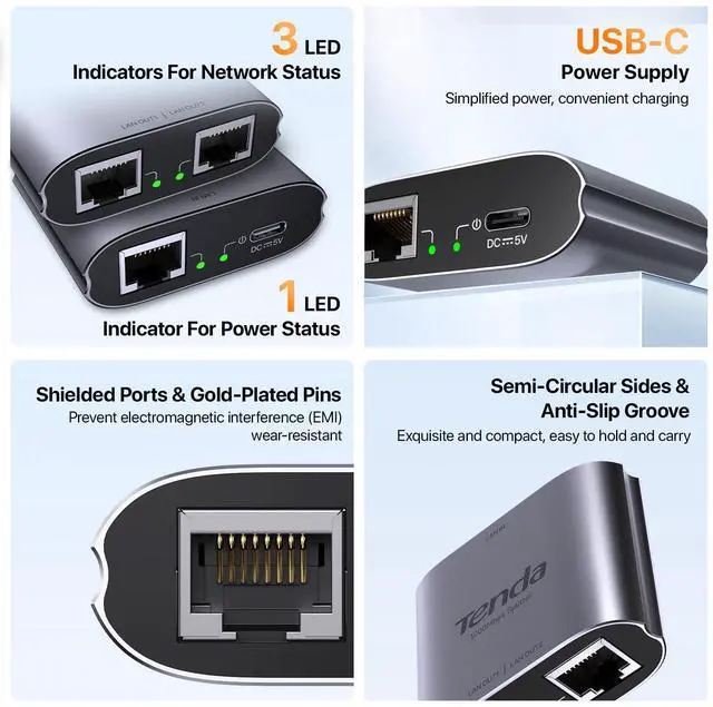 Alt view image 6 of 7 - Tenda SG103M Gigabit Ethernet Splitter 1 to 2 - Network Splitter with USB Power Cable, RJ45 Internet Adapter 1000Mbps High Speed for Cat 5/5e/6/7/8 Cable