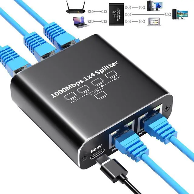 Main image of 1000Mbps Ethernet Splitter 1 to 4 High Speed Rj45 Splitter, 4 Devices Simultaneously Networking, LAN Network Adapter with USB Power Cable, Internet Splitter for Cat5/5e/6/7/8 Cable