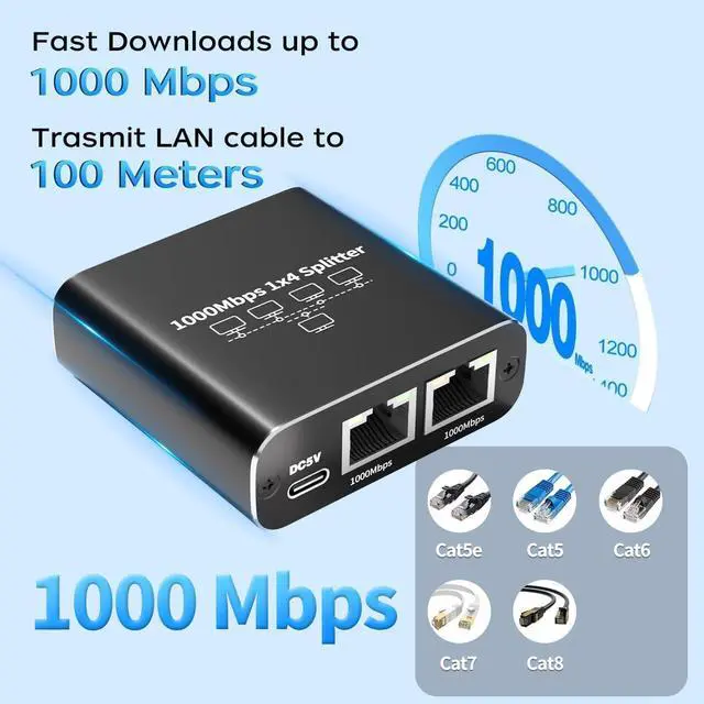 Alt view image 3 of 5 - 1000Mbps Ethernet Splitter 1 to 4 High Speed Rj45 Splitter, 4 Devices Simultaneously Networking, LAN Network Adapter with USB Power Cable, Internet Splitter for Cat5/5e/6/7/8 Cable