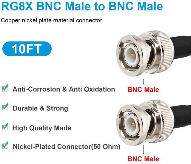 Alt view image 2 of 5 - MOOKEERF BNC Male Coaxial Cable - 50 ohm Ultra Low Loss RG8X Coax Cable for Antenna, RF Radio, Modem, Oscilloscope, Spectrum Analyzer, Signal Generator (10FT)
