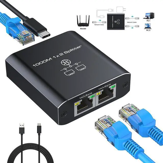 Main image of Gigabit Ethernet Splitter 1 to 2 High Speed 1000Mbps, LAN Network Splitter with USB Power Cable, Gigabit RJ45 Internet Ethernet Splitter for Cat 5/5e/6/7/8 Cable [2 Devices Networked Simultaneously]