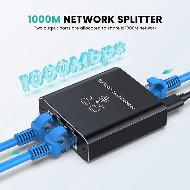 Alt view image 2 of 7 - Gigabit Ethernet Splitter 1 to 2 High Speed 1000Mbps, LAN Network Splitter with USB Power Cable, Gigabit RJ45 Internet Ethernet Splitter for Cat 5/5e/6/7/8 Cable [2 Devices Networked Simultaneously]