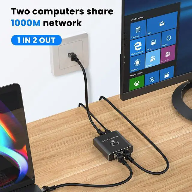Alt view image 3 of 7 - Gigabit Ethernet Splitter 1 to 2 High Speed 1000Mbps, LAN Network Splitter with USB Power Cable, Gigabit RJ45 Internet Ethernet Splitter for Cat 5/5e/6/7/8 Cable [2 Devices Networked Simultaneously]