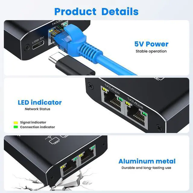 Alt view image 4 of 7 - Gigabit Ethernet Splitter 1 to 2 High Speed 1000Mbps, LAN Network Splitter with USB Power Cable, Gigabit RJ45 Internet Ethernet Splitter for Cat 5/5e/6/7/8 Cable [2 Devices Networked Simultaneously]