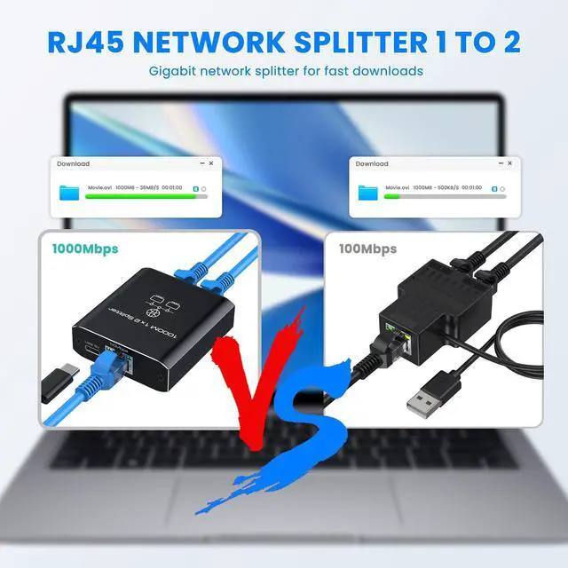 Alt view image 6 of 7 - Gigabit Ethernet Splitter 1 to 2 High Speed 1000Mbps, LAN Network Splitter with USB Power Cable, Gigabit RJ45 Internet Ethernet Splitter for Cat 5/5e/6/7/8 Cable [2 Devices Networked Simultaneously]