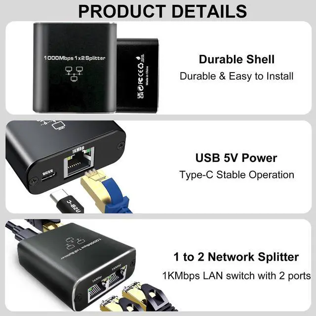 Alt view image 2 of 7 - Gigabit Ethernet Splitter - 1000Mbps High Speed, Supports 2 Devices Simultaneously - USB Powered, RJ45 LAN Splitter for Cat 5e/5/6/7/8 Cables