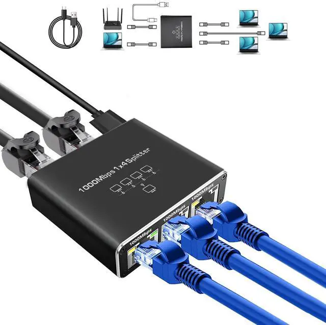Main image of Gigabit Ethernet Splitter - 1 to 4 High Speed, 4 Devices Simultaneously Networking, 1000Mbps, USB Powered, RJ45 for Cat5/5e/6/7/8 Cable