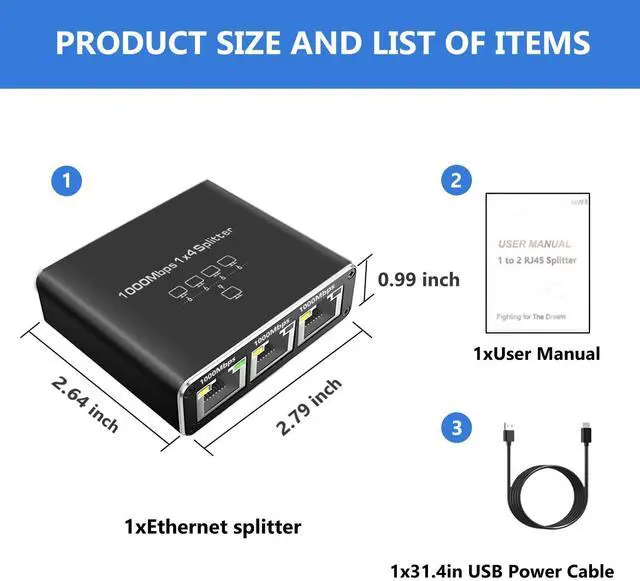 Alt view image 5 of 7 - Gigabit Ethernet Splitter - 1 to 4 High Speed, 4 Devices Simultaneously Networking, 1000Mbps, USB Powered, RJ45 for Cat5/5e/6/7/8 Cable
