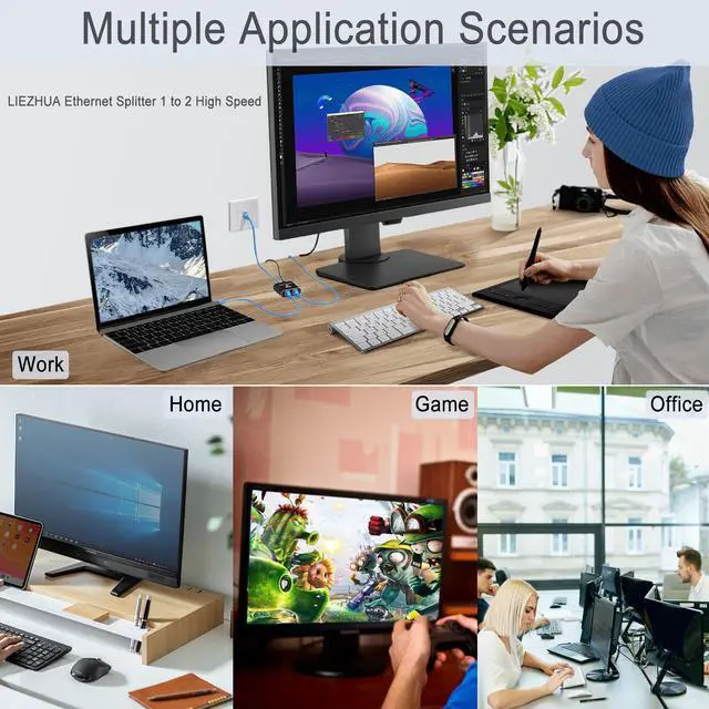 Alt view image 5 of 7 - LIEZHUA Gigabit Ethernet Splitter 1 to 2 - Network Splitter with USB Power Cable, RJ45 Internet Adapter 1000Mbps High Speed for Cat 5/5e/6/7/8 Cable [2 Devices Networked Simultaneously]