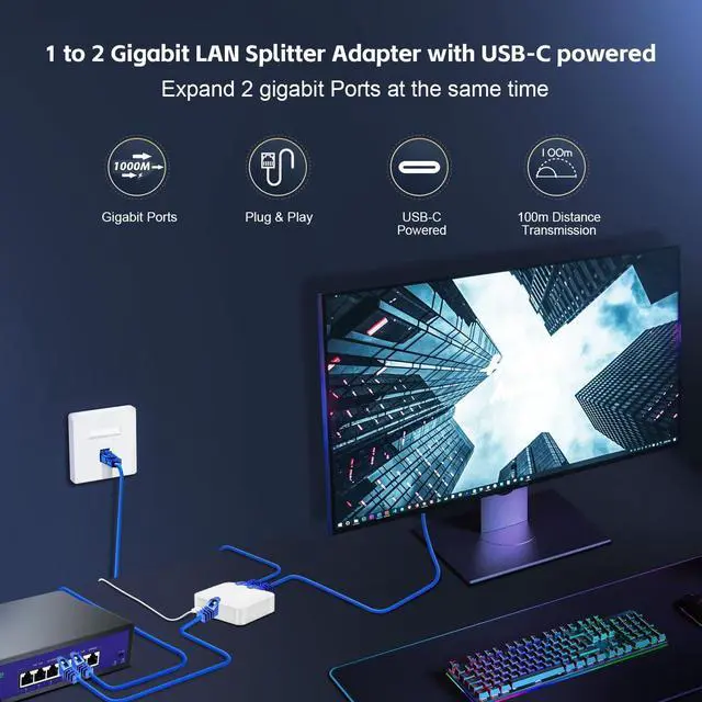 Alt view image 2 of 7 - 1 to 2 Gigabit Ethernet Splitter, 100/1000Mbps, Network Hub RJ45 Internet LAN Splitter with USB Cable, for Cat5/5e/6/7/8 Cables