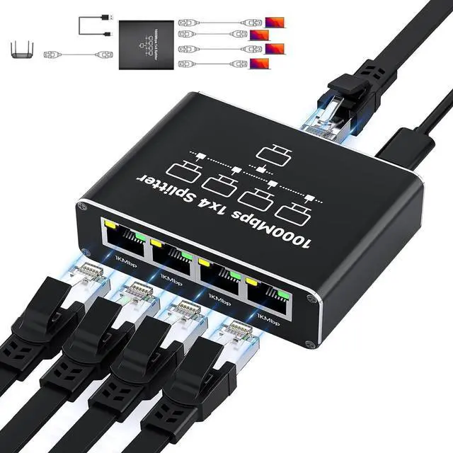 Main image of Ethernet Splitter 1 to 4, 1000Mbps High-Speed Internet Splitter, Gigabit RJ45 Port Router Switch, LAN-Splitter, Supporting Simultaneous Networking of 4 Devices, Applicable to Cat5/5e/6/7/8 Cable