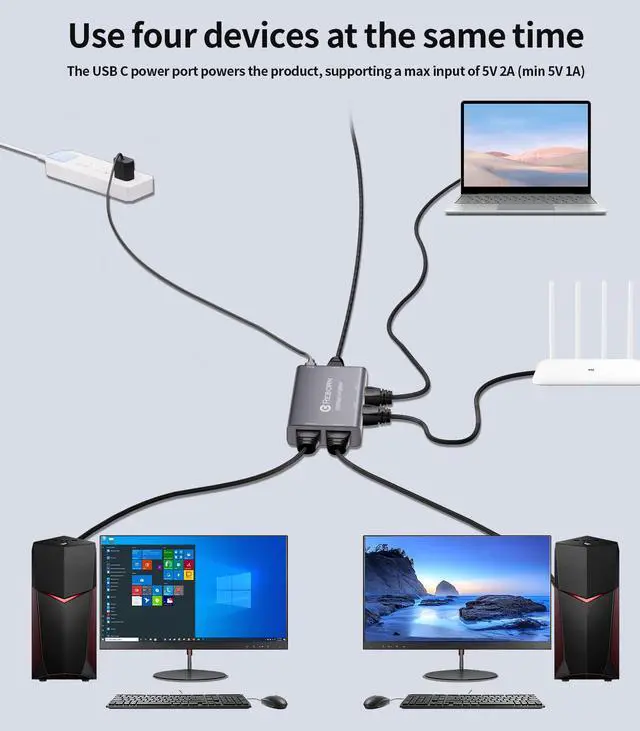 Alt view image 3 of 7 - Reborn Ethernet Splitter 1 to 4 High Speed 1000Mbps, RJ45 Gigabit Ethernet Cable Splitter 1 to 4, LAN Splitter with USB Power Cable for Cat 5/6/7/8 Cable [4 Devices Simultaneous Networking]