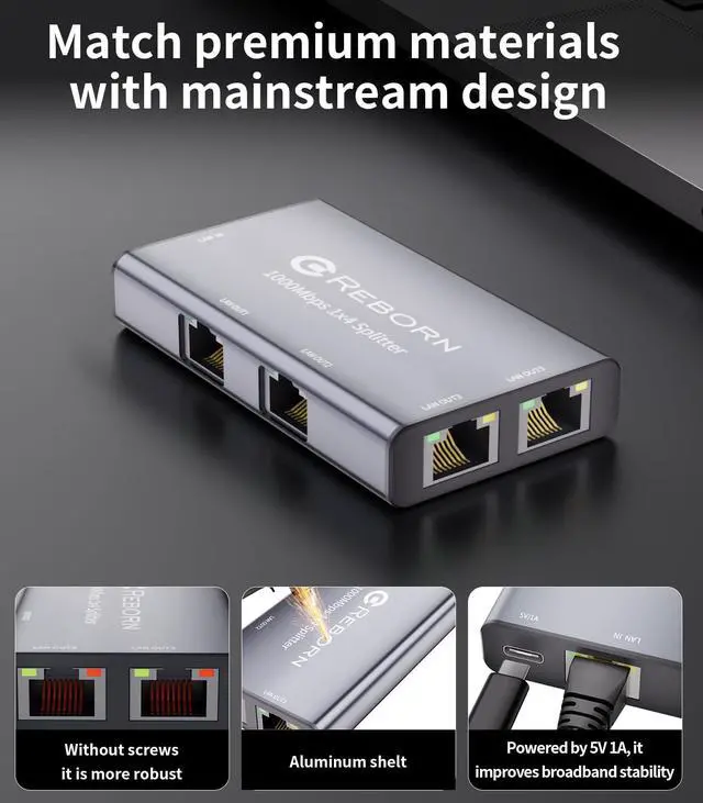 Alt view image 6 of 7 - Reborn Ethernet Splitter 1 to 4 High Speed 1000Mbps, RJ45 Gigabit Ethernet Cable Splitter 1 to 4, LAN Splitter with USB Power Cable for Cat 5/6/7/8 Cable [4 Devices Simultaneous Networking]