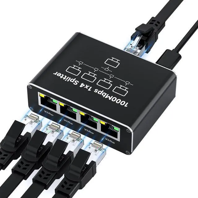 Main image of Ethernet Splitter 1 to 4 1000Mbps High Speed Either Network Splitter Internet Cable Splitter 1 in 4 Out Gigabit Dual LAN RJ45 Port Router Switch Work for Cat 5/5e/6/7/8 Cable