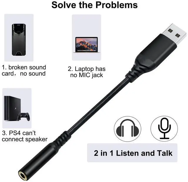 Alt view image 2 of 7 - DCHAV USB to 3.5mm Jack Audio Adapter Headphone Microphone External Sound Card AUX USB Type A to 3.5 mm Cable 4 Pole TRRS Female Interface Line Control for PC Laptop Speaker Headset PS4 PS5, Black