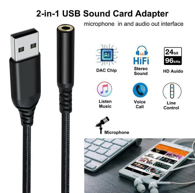 Alt view image 4 of 7 - DCHAV USB to 3.5mm Jack Audio Adapter Headphone Microphone External Sound Card AUX USB Type A to 3.5 mm Cable 4 Pole TRRS Female Interface Line Control for PC Laptop Speaker Headset PS4 PS5, Black