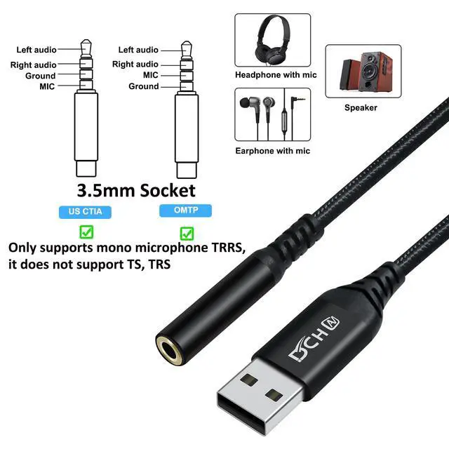 Alt view image 5 of 7 - DCHAV USB to 3.5mm Jack Audio Adapter Headphone Microphone External Sound Card AUX USB Type A to 3.5 mm Cable 4 Pole TRRS Female Interface Line Control for PC Laptop Speaker Headset PS4 PS5, Black