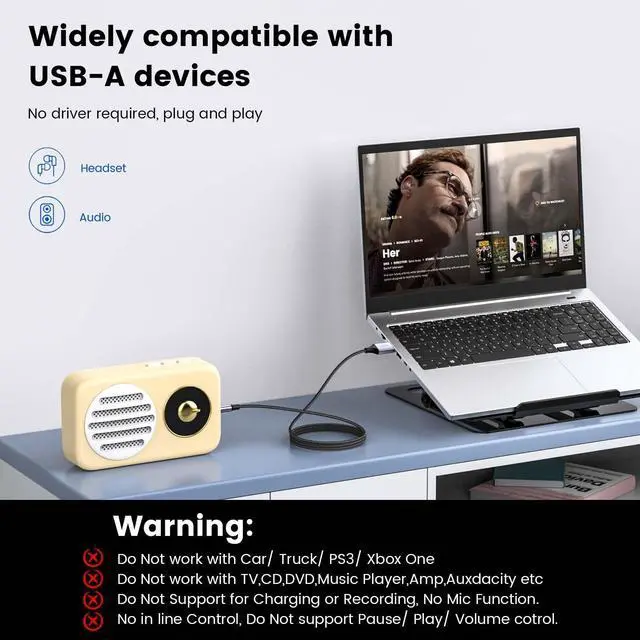 Alt view image 3 of 6 - MOSWAG USB to 3.5mm TRS Audio Jack Adapter, USB Male to 3.5mm AUX Stereo Audio Cable, Nylon Braided AUX Converter for PC, Laptop, Windows, Mac OSX, HeadphonesDoes not Support Car, Mic and Charging