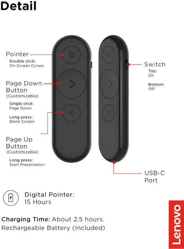 Alt view image 6 of 7 - Lenovo Portable Rechargeable Presentation Remote, Wireless, Bluetooth, Digital Pointer, Lightweight, 30M Range, Black