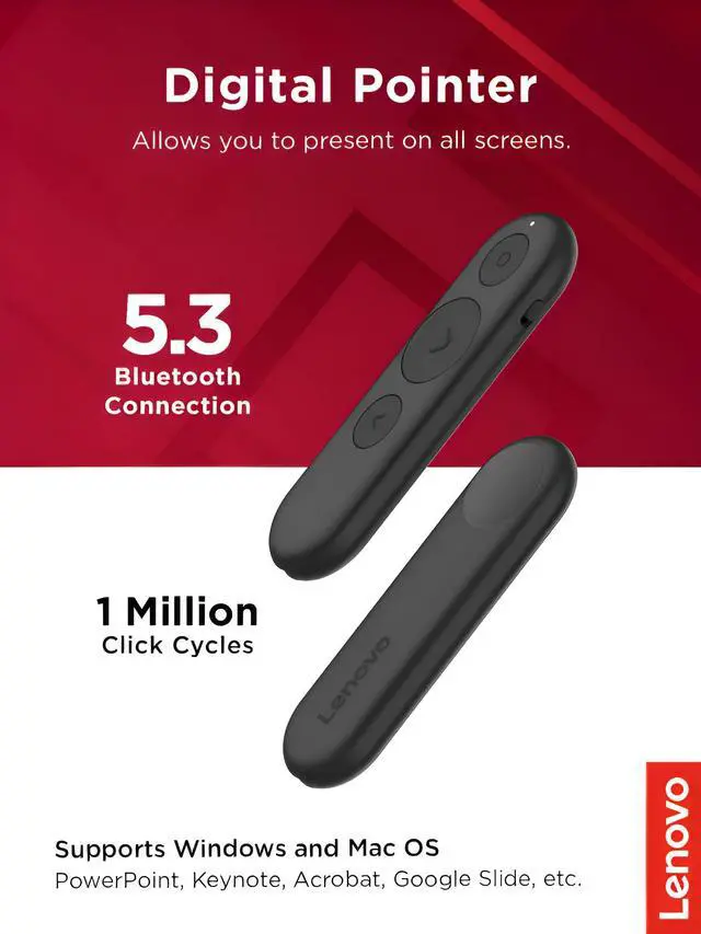 Alt view image 4 of 7 - Lenovo Portable Rechargeable Presentation Remote, Wireless, Bluetooth, Digital Pointer, Lightweight, 30M Range, Black