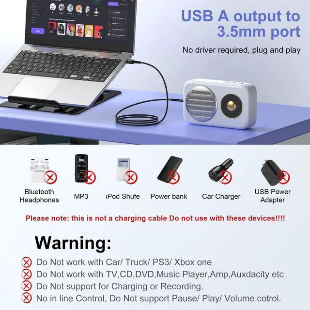 Alt view image 2 of 7 - iHoto USB to Audio Adapter Cable, 3FT 3.5mm Aux to USB Audio Aux Cable Stereo Type A Male to 3.5mm TRS Male Headphone Jack Adapter for Headphones/Headset/Laptop/PC Windows/PS4 PS5 Mac/Linux/Desktops