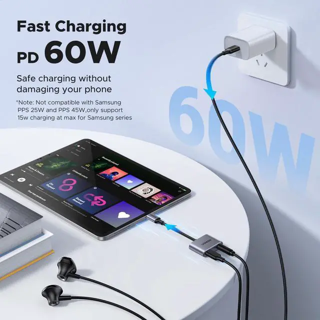 Alt view image 3 of 7 - UGREEN USB C to 3.5mm Headphone and Charger Adapter 2 in 1 Type C to Aux Audio Jack with PD 60W Fast Charging Dongle for Headphone Earbud Compatible with Samsung S25 Ultra iPad Pro Switch 2