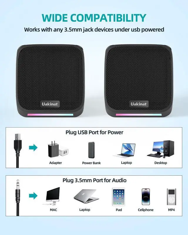 Alt view image 3 of 6 - Uakinat Computer Speakers,Computer Speakers for Desktop PC,Desktop Speakers,Small Computer Speakers USB Powered 3.5mm Aux Speaker for PC,Laptop,Tablet,Phone
